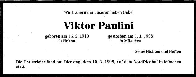 Paulini Viktor 1910-1998 Todesanzeige